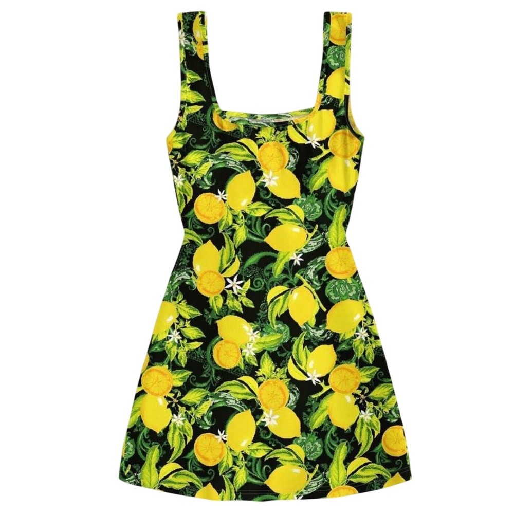 Lemon Print Mini Dress Sleeveless Square Neck A-Line Black Yellow Citrus Large